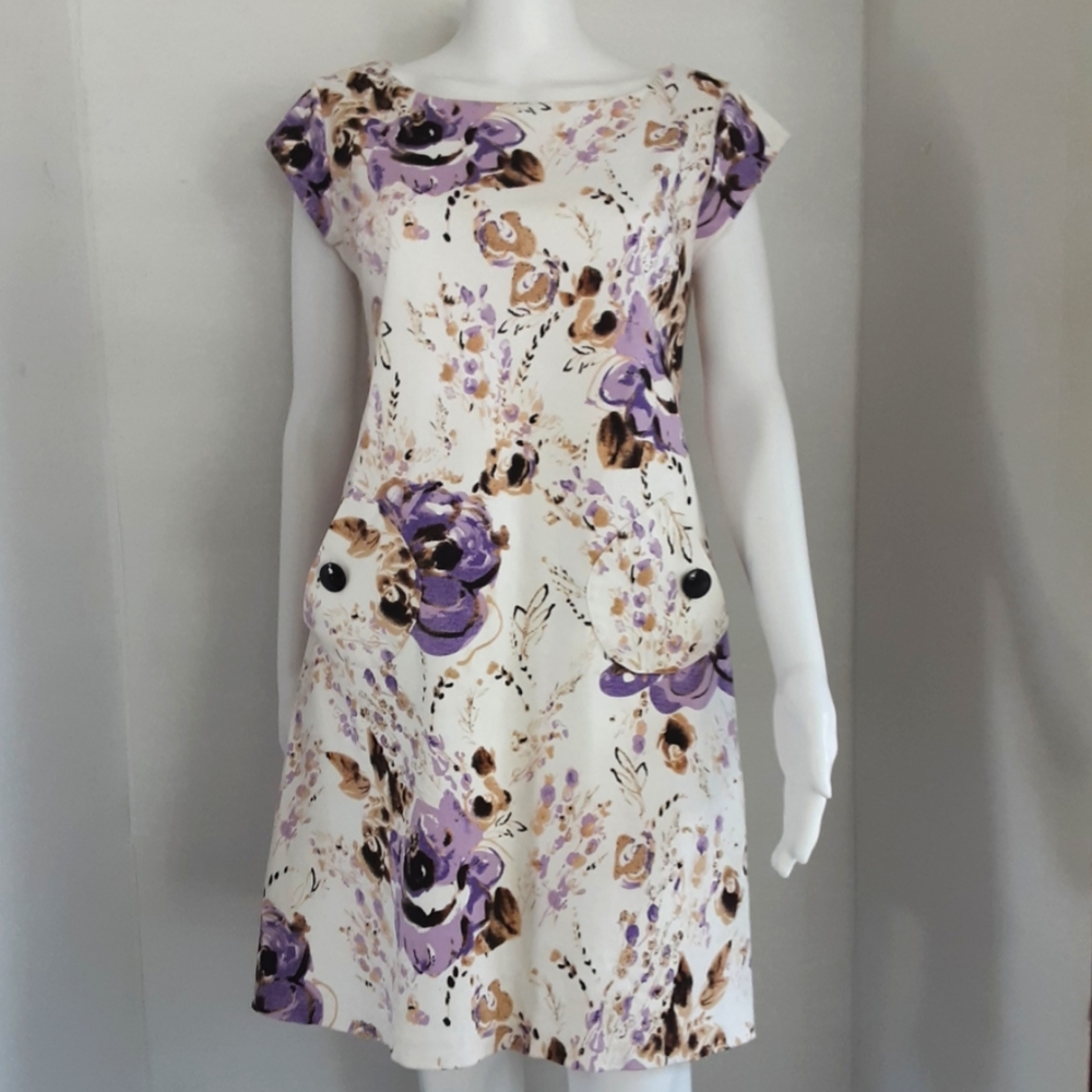 K STUDIO COTTON CAP SLEEVE PURPLE FLORAL SHIFT DRESS SZ 8